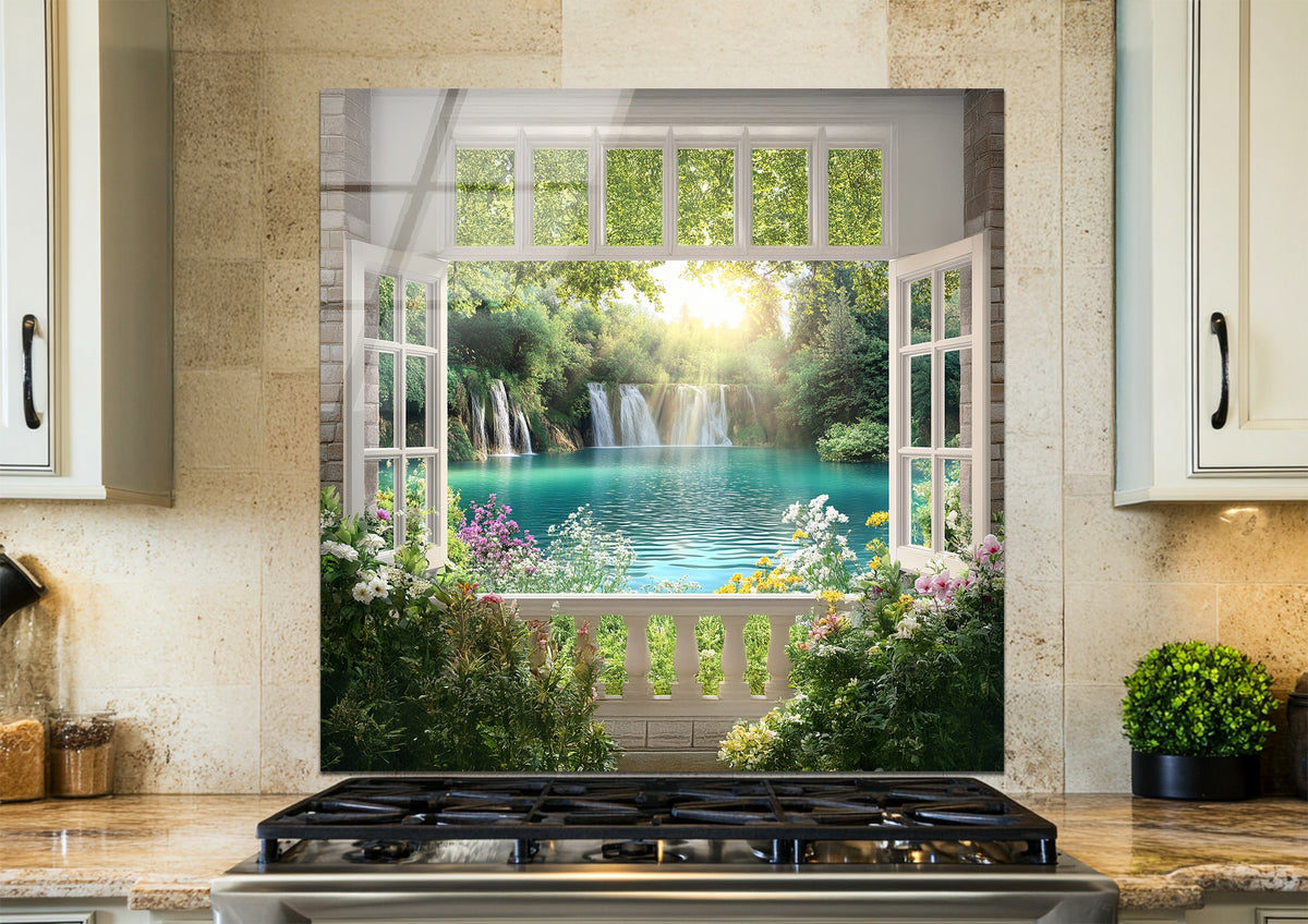 Waterfall Window View Glass Kitchen Backsplash – Nature Landscape ...