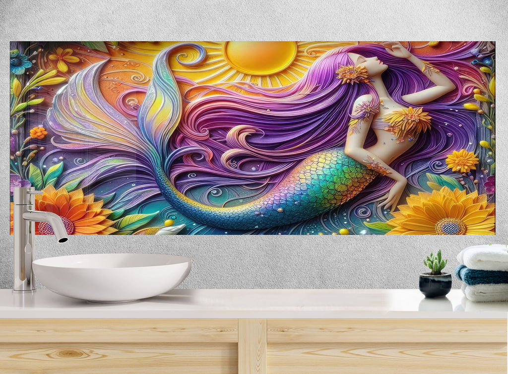Sunlit Mermaid - Glass Kitchen Backsplash-BacksplashArtworks
