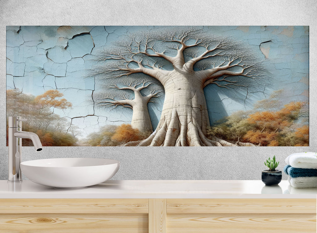 Luxury 3D Look Glass Kitchen Backsplash – Baobab Tree Nature-Inspired Wall Art-BacksplashArtworks