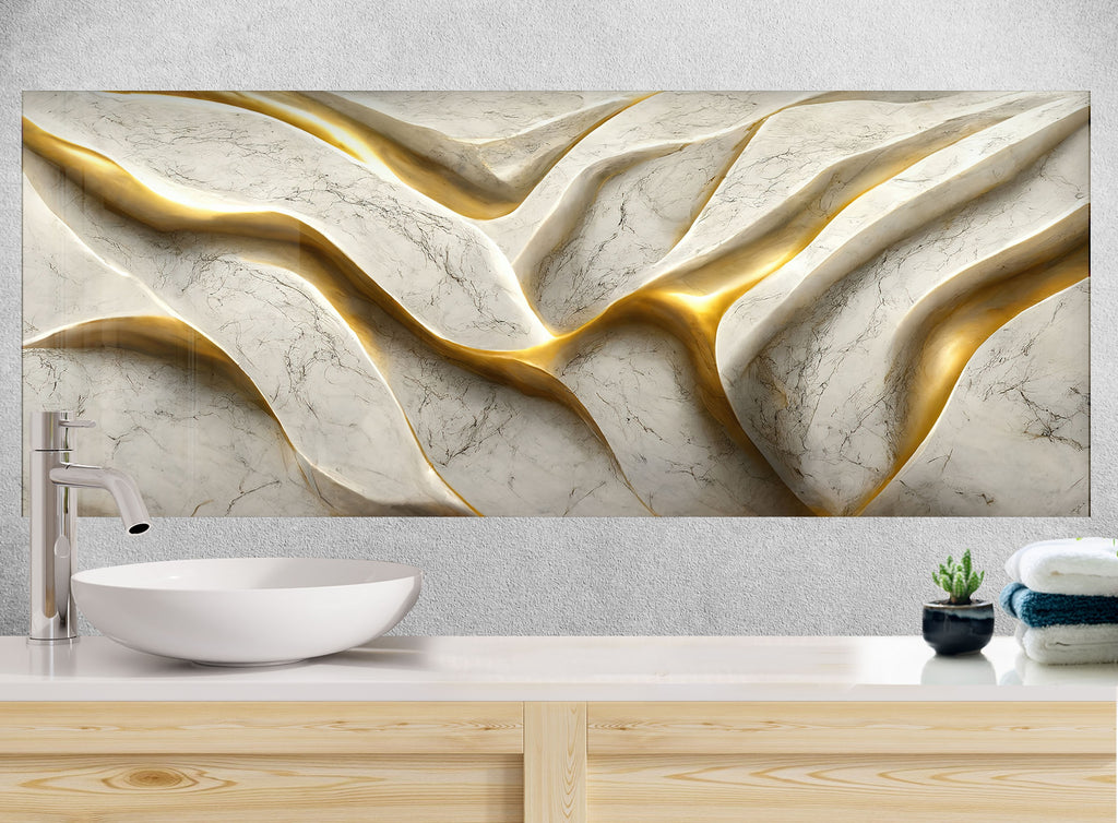 Golden Marble Waves - Glass Kitchen Backsplash-BacksplashArtworks