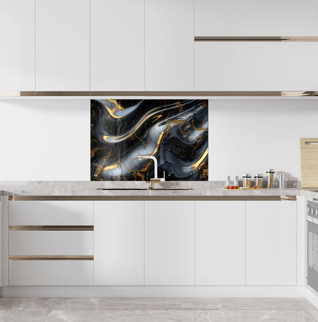 Midnight Gold Elegance - Glass Kitchen Backsplash-BacksplashArtworks