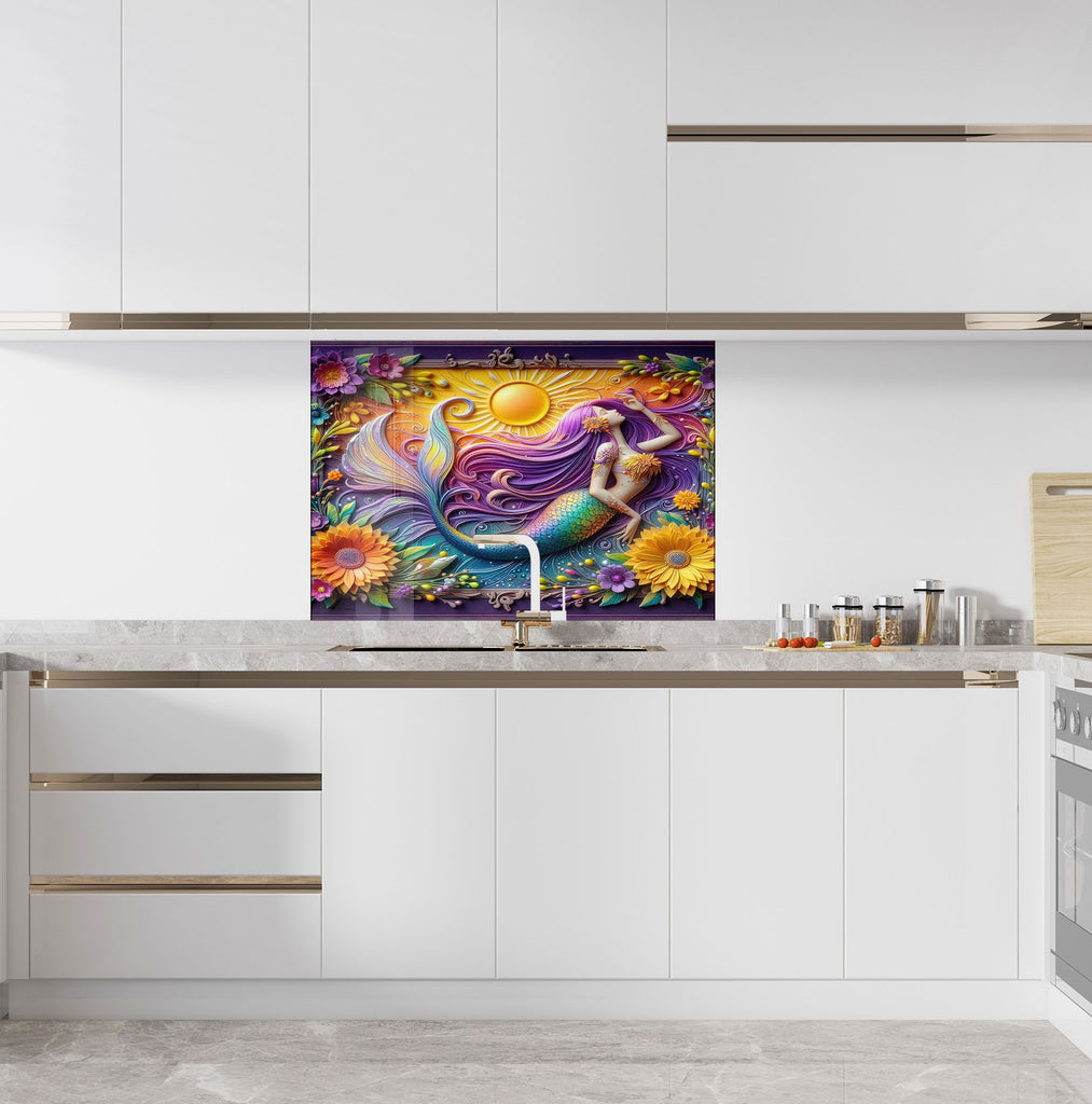 Sunlit Mermaid - Glass Kitchen Backsplash-BacksplashArtworks