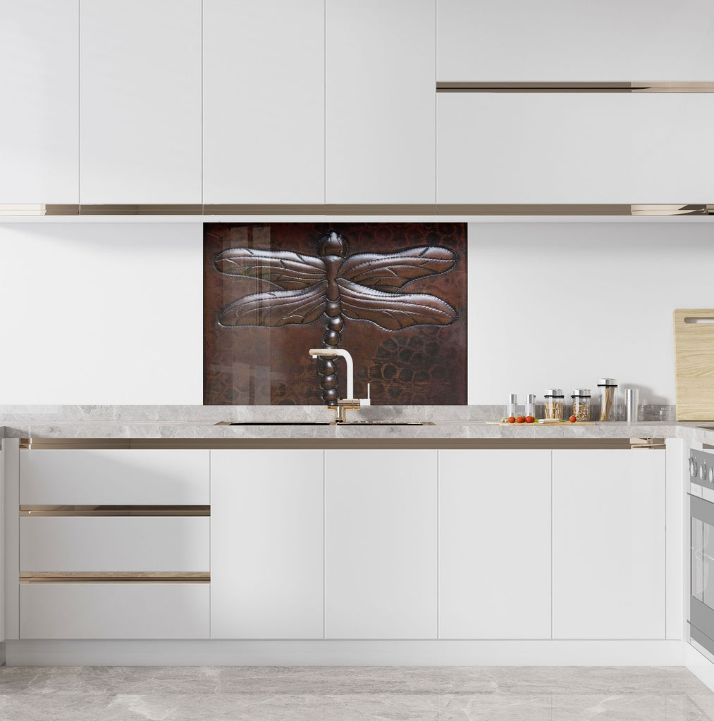 Rustic Dragonfly Metal - Tempered Glass Kitchen Backsplash-BacksplashArtworks