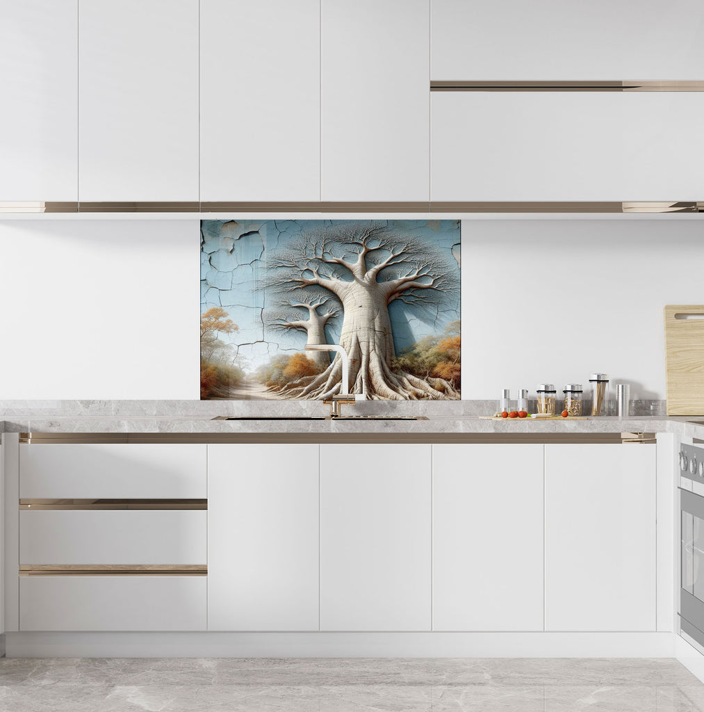 Luxury 3D Look Glass Kitchen Backsplash – Baobab Tree Nature-Inspired Wall Art-BacksplashArtworks