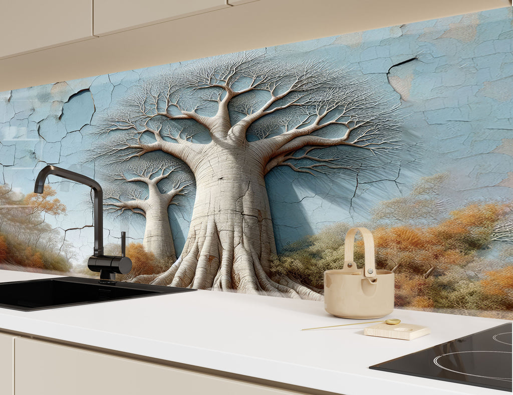 Luxury 3D Look Glass Kitchen Backsplash – Baobab Tree Nature-Inspired Wall Art-BacksplashArtworks