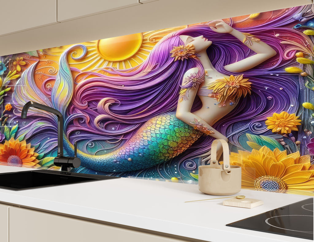 Sunlit Mermaid - Glass Kitchen Backsplash-BacksplashArtworks