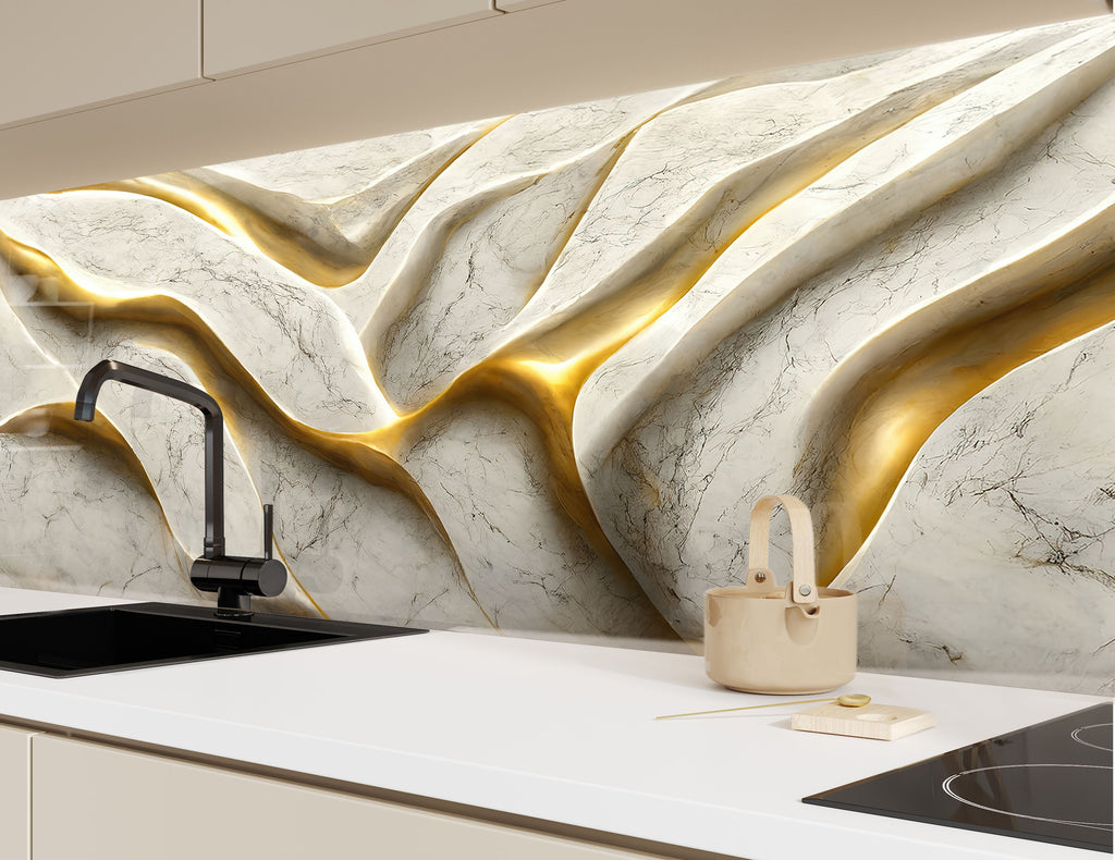 Golden Marble Waves - Glass Kitchen Backsplash-BacksplashArtworks
