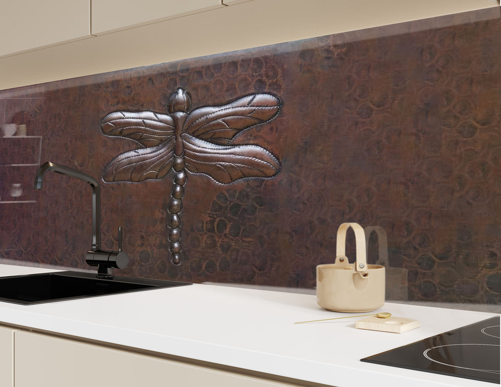 Rustic Dragonfly Metal - Tempered Glass Kitchen Backsplash-BacksplashArtworks