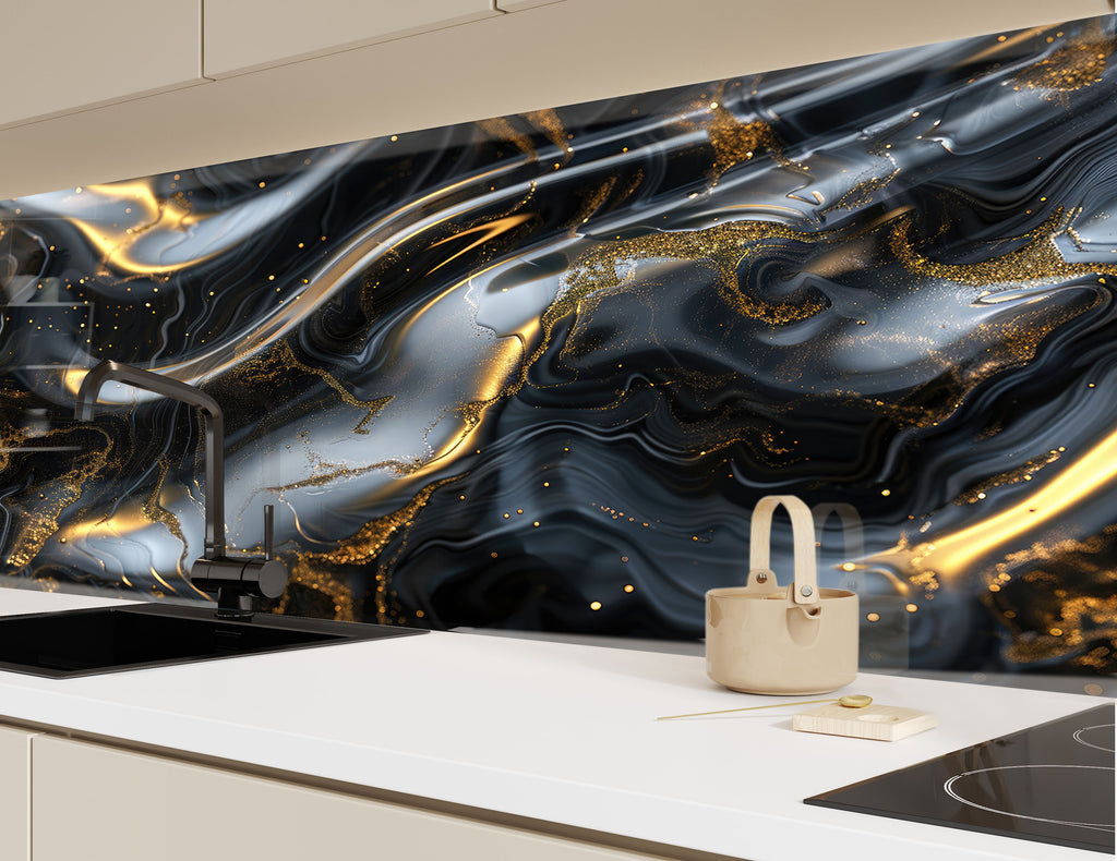 Midnight Gold Elegance - Glass Kitchen Backsplash-BacksplashArtworks