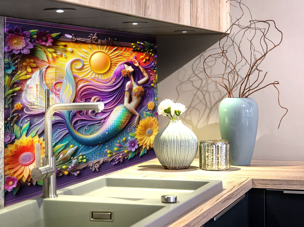 Sunlit Mermaid - Glass Kitchen Backsplash-BacksplashArtworks