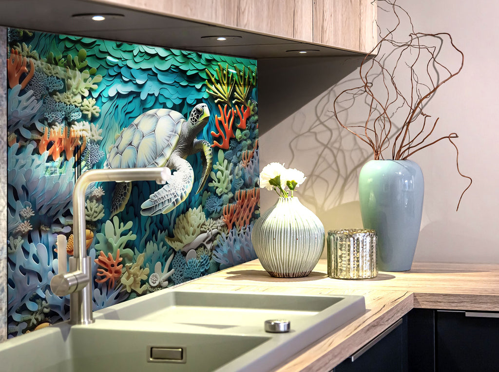 Stunning Sea Turtle - Tempered Glass Kitchen Backsplash-BacksplashArtworks