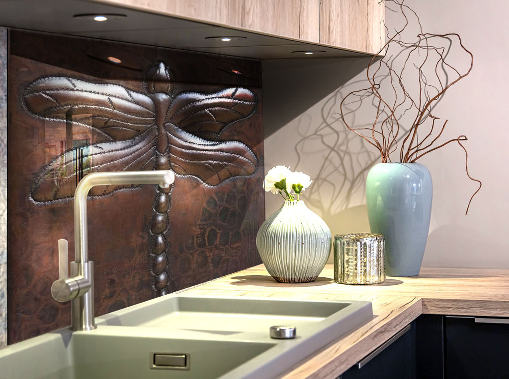 Rustic Dragonfly Metal - Tempered Glass Kitchen Backsplash-BacksplashArtworks
