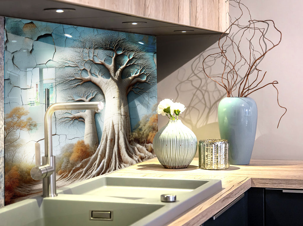 Luxury 3D Look Glass Kitchen Backsplash – Baobab Tree Nature-Inspired Wall Art-BacksplashArtworks