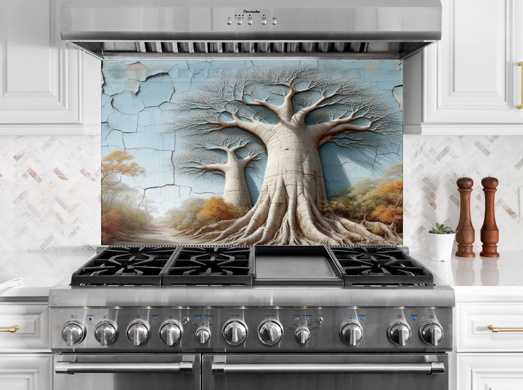 Luxury 3D Look Glass Kitchen Backsplash – Baobab Tree Nature-Inspired Wall Art-BacksplashArtworks