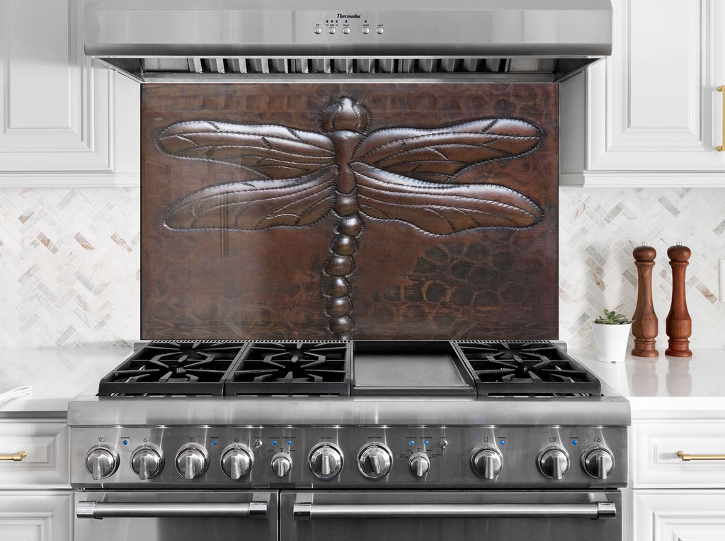 Rustic Dragonfly Metal - Tempered Glass Kitchen Backsplash-BacksplashArtworks