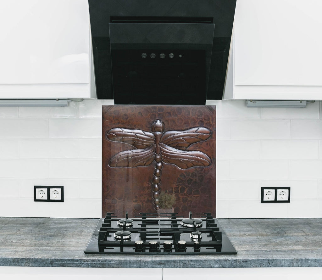 Rustic Dragonfly Metal - Tempered Glass Kitchen Backsplash-BacksplashArtworks