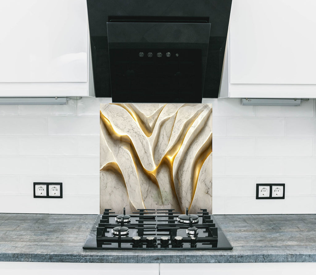 Golden Marble Waves - Glass Kitchen Backsplash-BacksplashArtworks