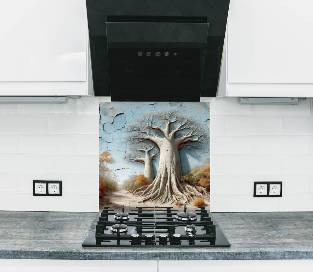 Luxury 3D Look Glass Kitchen Backsplash – Baobab Tree Nature-Inspired Wall Art-BacksplashArtworks