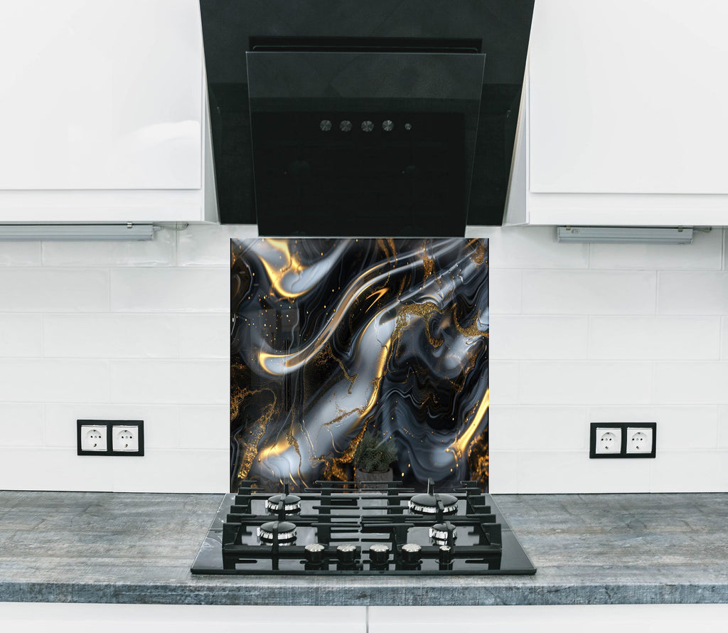 Midnight Gold Elegance - Glass Kitchen Backsplash-BacksplashArtworks