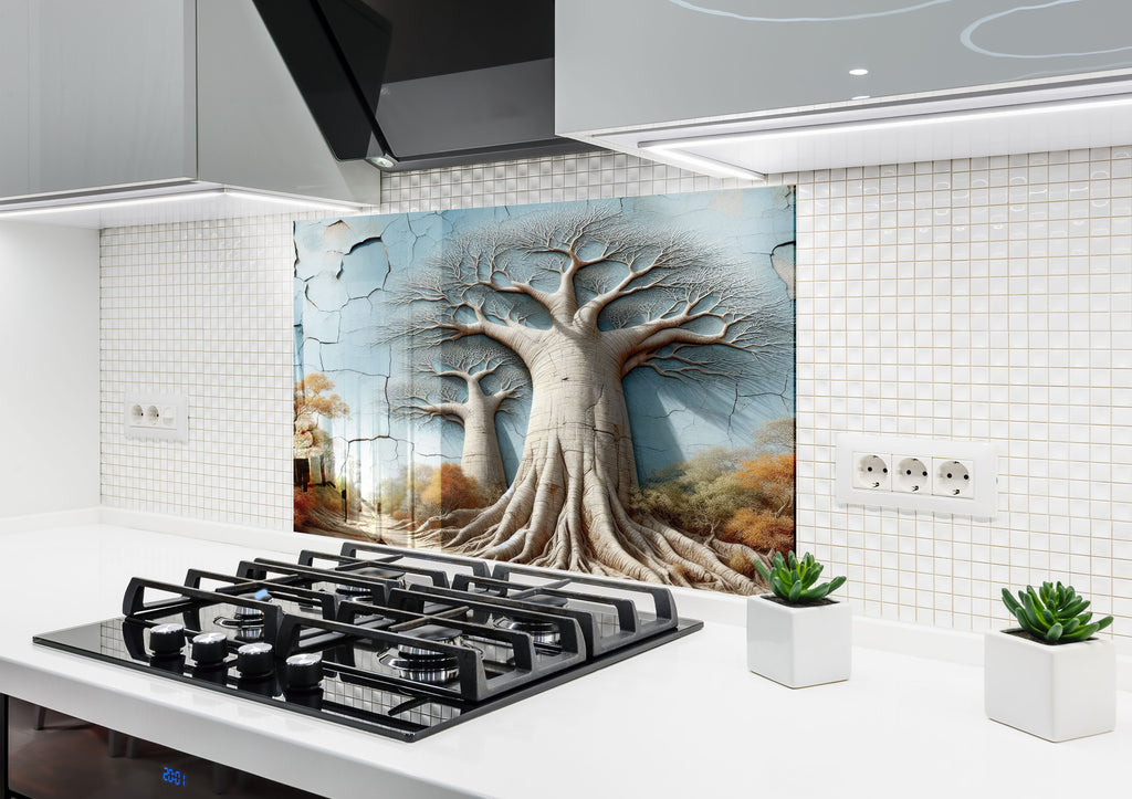 Luxury 3D Look Glass Kitchen Backsplash – Baobab Tree Nature-Inspired Wall Art-BacksplashArtworks