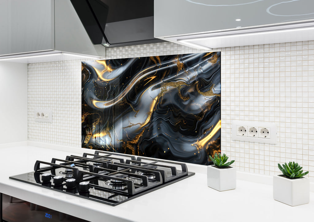 Midnight Gold Elegance - Glass Kitchen Backsplash-BacksplashArtworks
