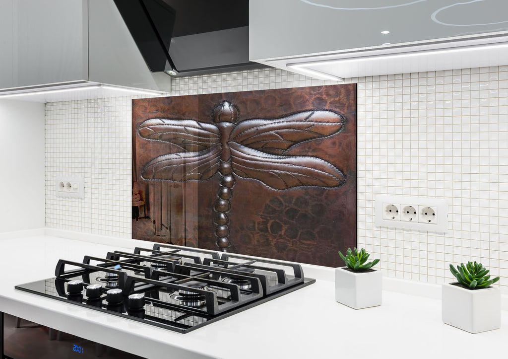 Rustic Dragonfly Metal - Tempered Glass Kitchen Backsplash-BacksplashArtworks
