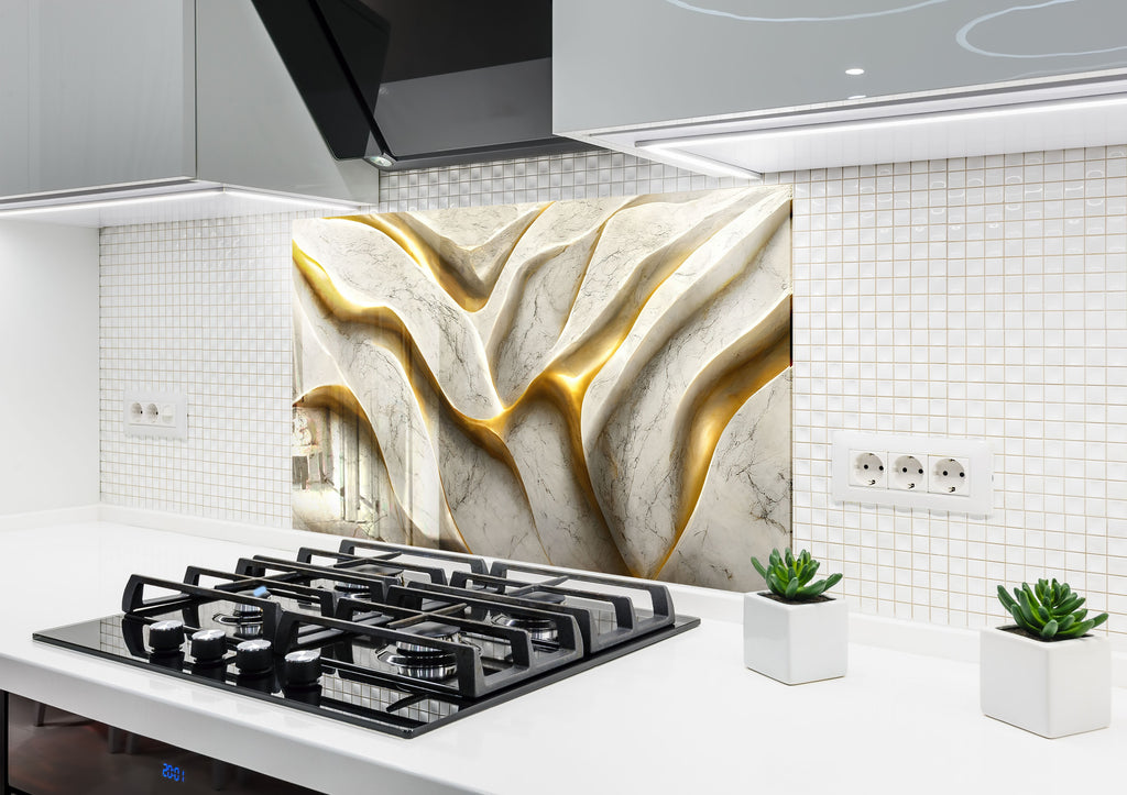Golden Marble Waves - Glass Kitchen Backsplash-BacksplashArtworks