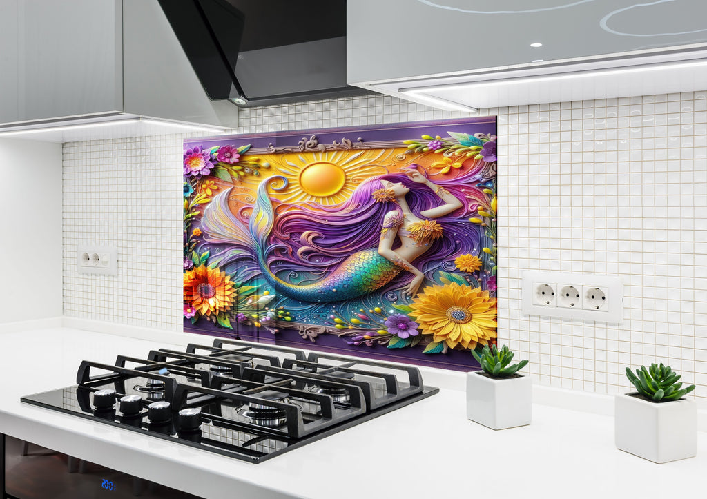 Sunlit Mermaid - Glass Kitchen Backsplash-BacksplashArtworks