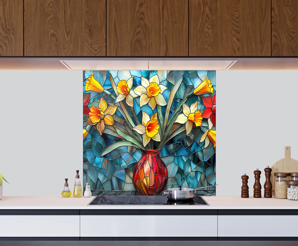 Stained Glass Daffodil Vase - Glass Kitchen Backsplash-BacksplashArtworks