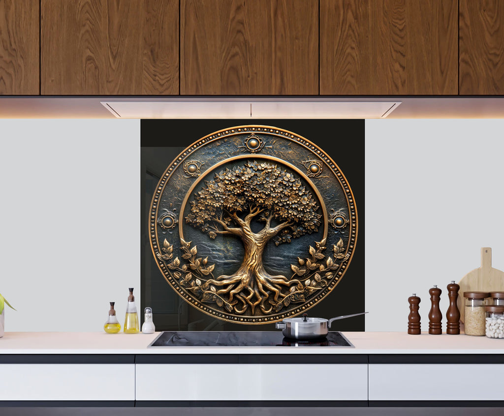 Brown Tree of Life - Tempered Glass Kitchen Backsplash-BacksplashArtworks