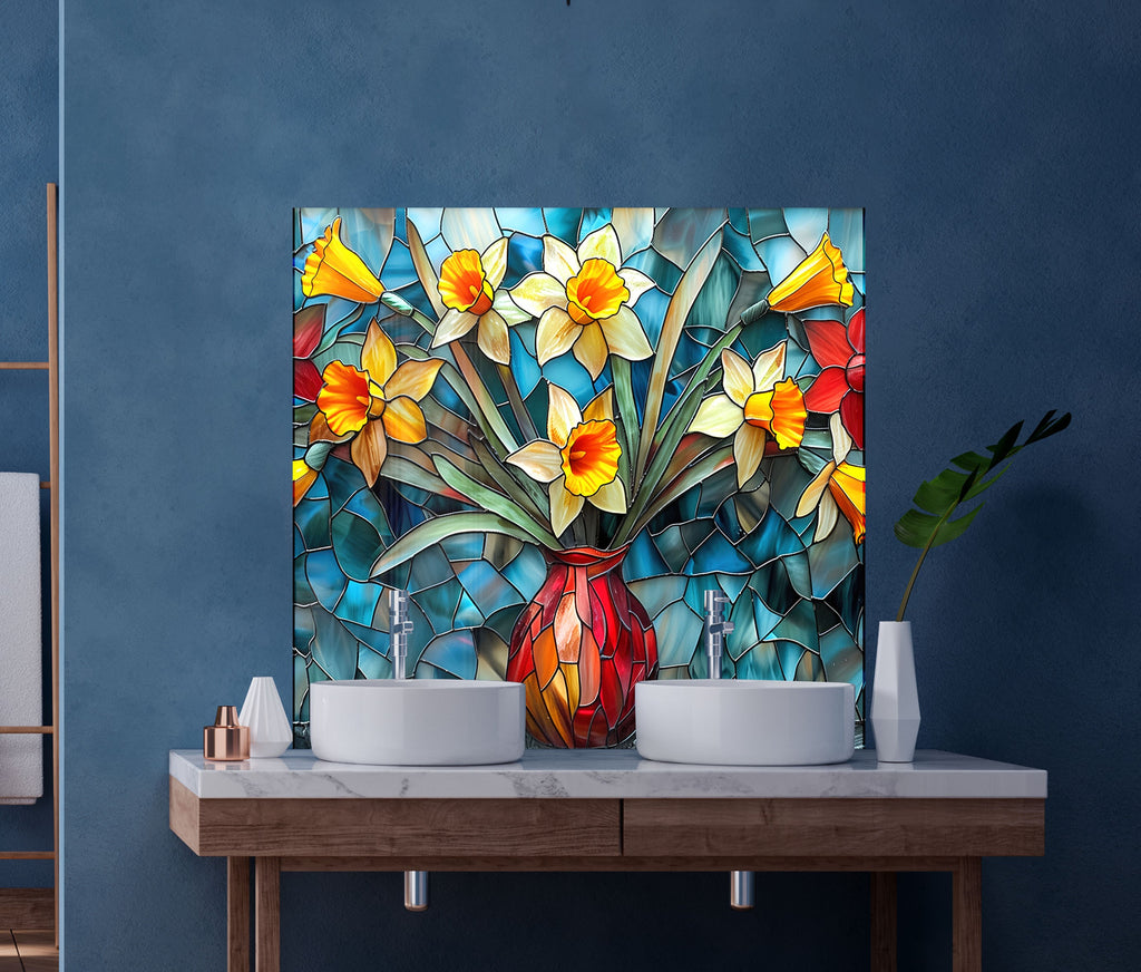 Stained Glass Daffodil Vase - Glass Kitchen Backsplash-BacksplashArtworks