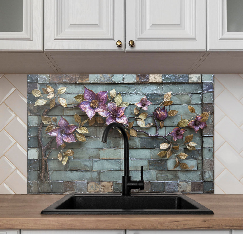 Rustic Floral Vine - Glass Kitchen Backsplash-BacksplashArtworks