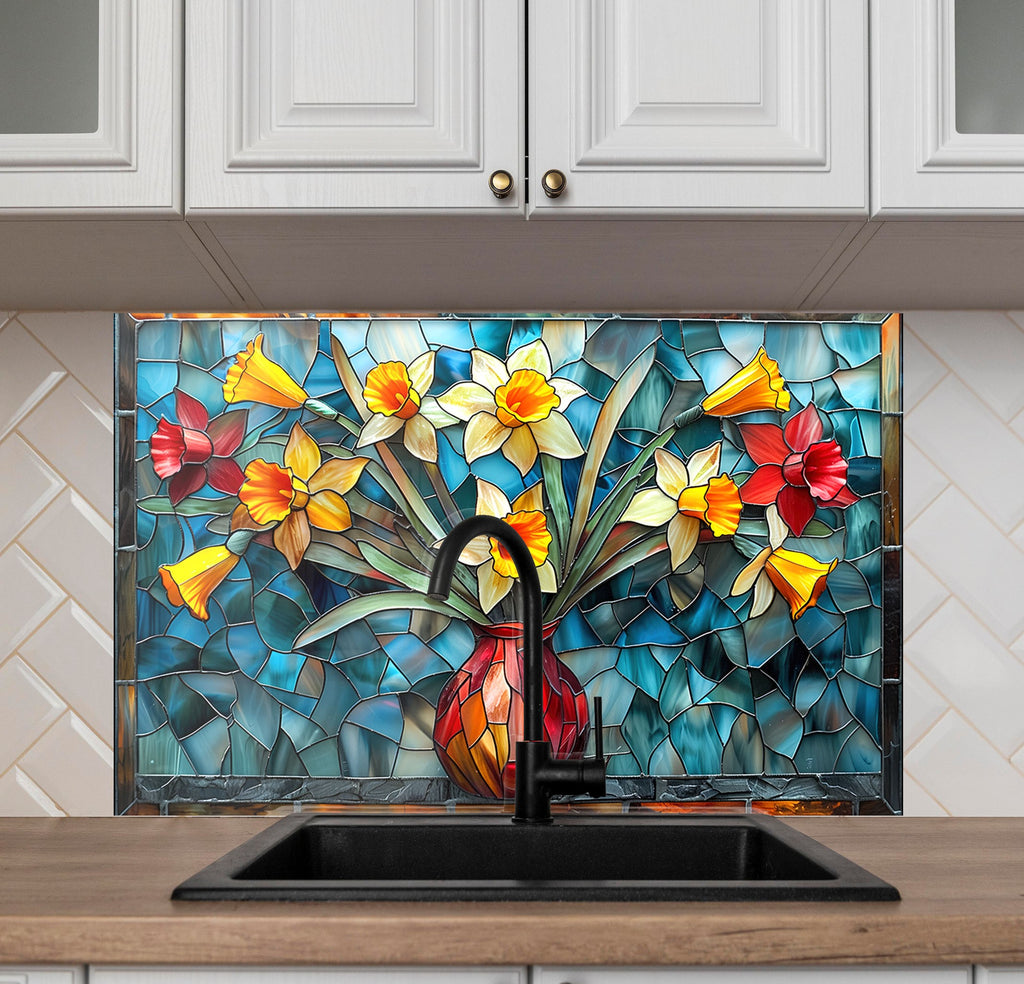 Stained Glass Daffodil Vase - Glass Kitchen Backsplash-BacksplashArtworks