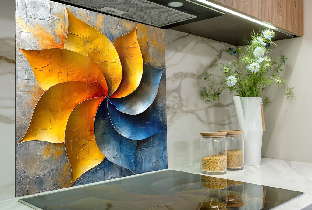 Metallic Lotus Swirl - Glass Kitchen Backsplash-BacksplashArtworks