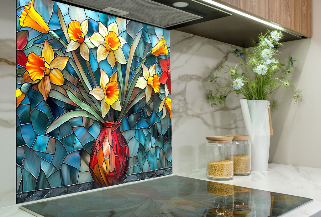 Stained Glass Daffodil Vase - Glass Kitchen Backsplash-BacksplashArtworks