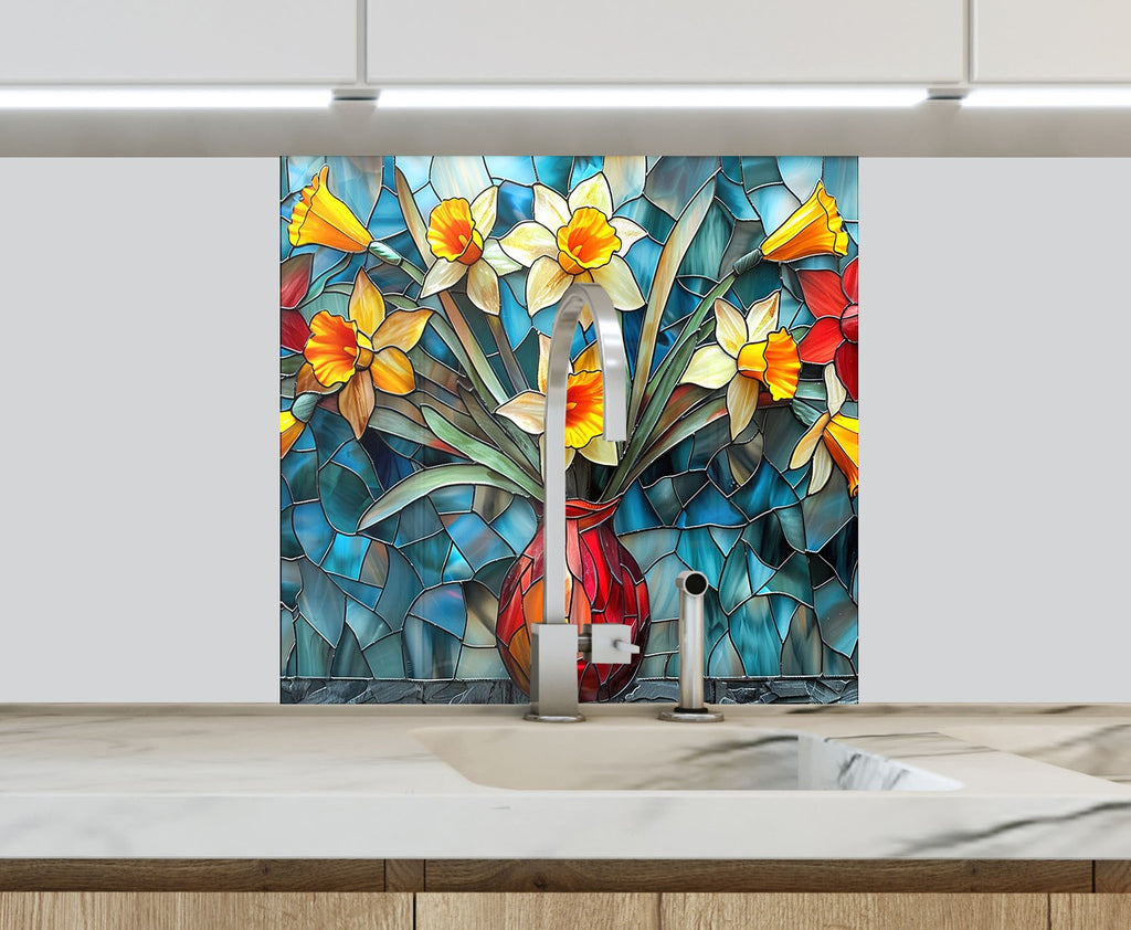 Stained Glass Daffodil Vase - Glass Kitchen Backsplash-BacksplashArtworks