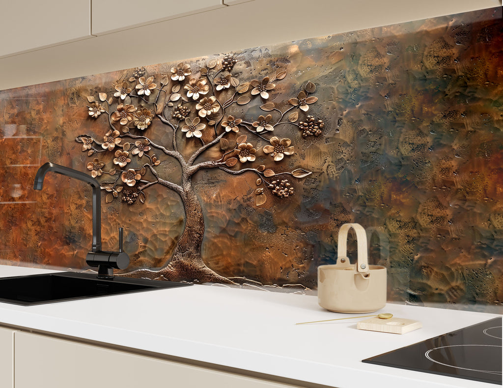 Antique Bronze Blossom - Glass Kitchen Backsplash-BacksplashArtworks