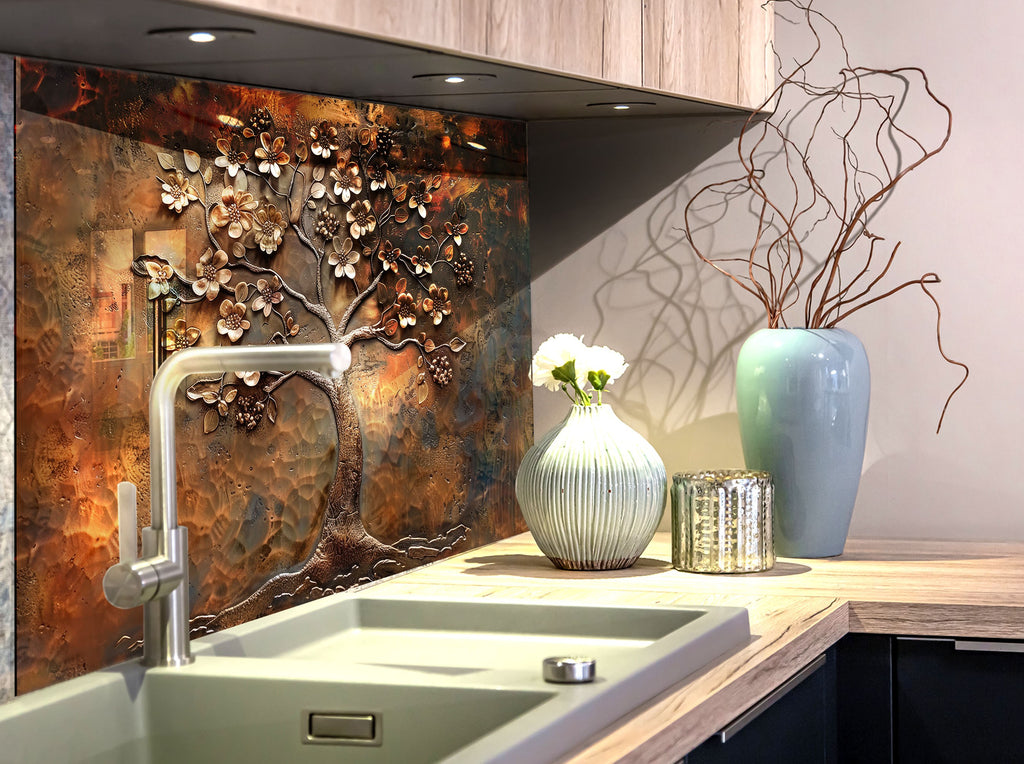 Antique Bronze Blossom - Glass Kitchen Backsplash-BacksplashArtworks