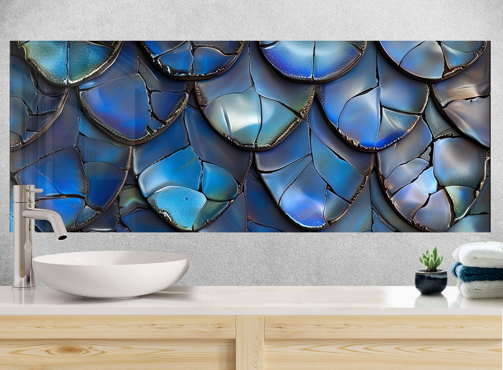 Iridescent Blue Dragon Scale - Glass Kitchen Backsplash-BacksplashArtworks