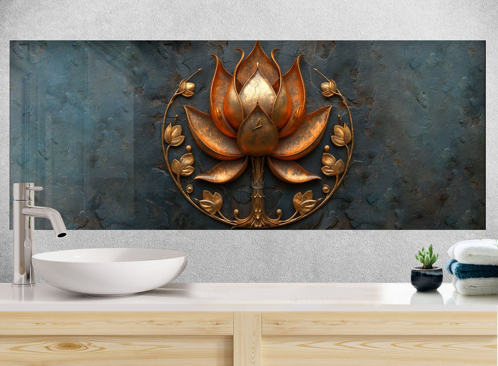 Copper Lotus - Glass Kitchen Backsplash-BacksplashArtworks