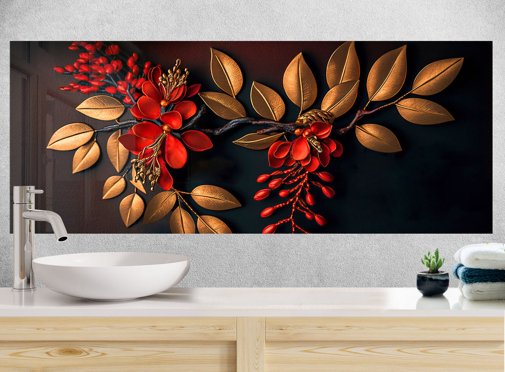 Golden Scarlet Bloom - Glass Kitchen Backsplash-BacksplashArtworks