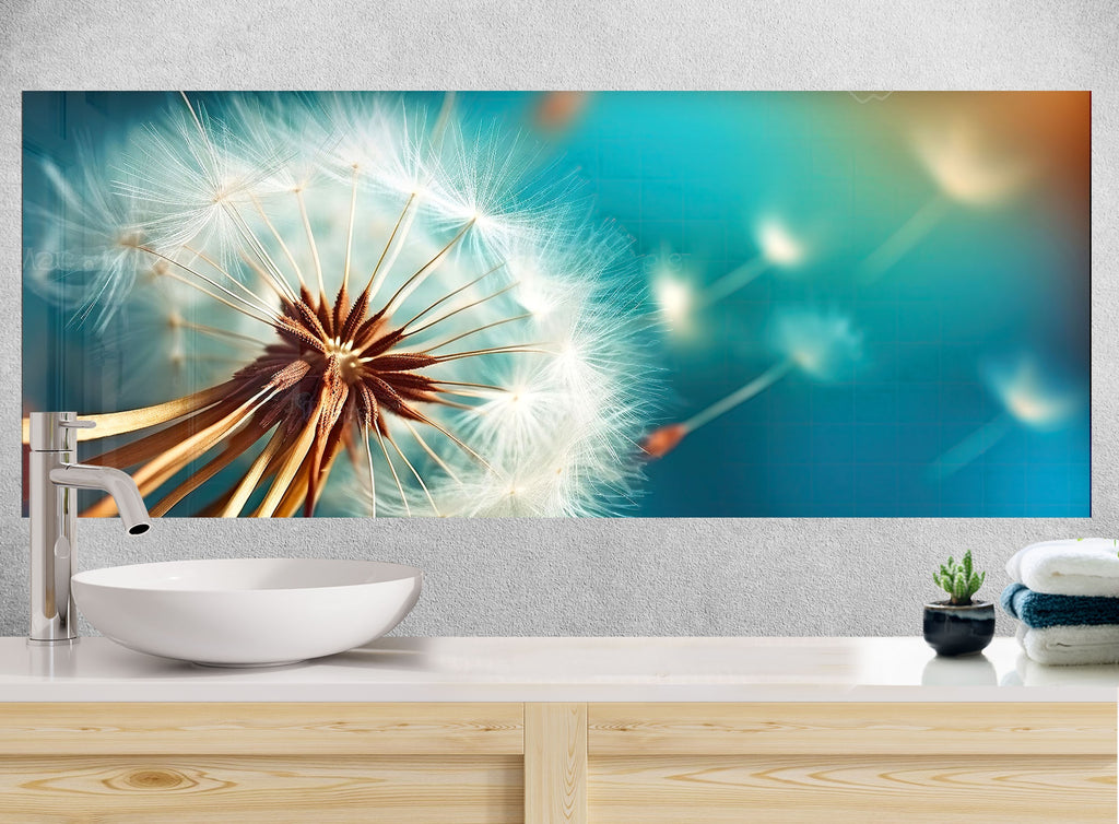 Golden Dandelion Breeze - Glass Kitchen Backsplash-BacksplashArtworks