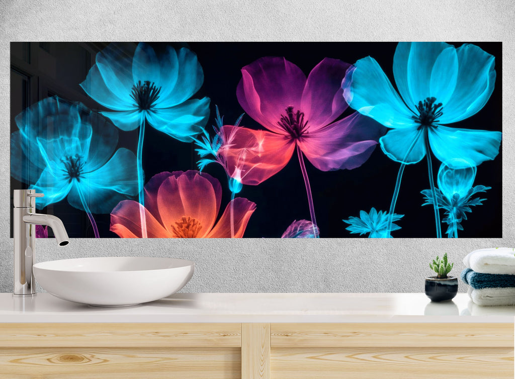 Neon Floral Glow - Glass Kitchen Backsplash-BacksplashArtworks