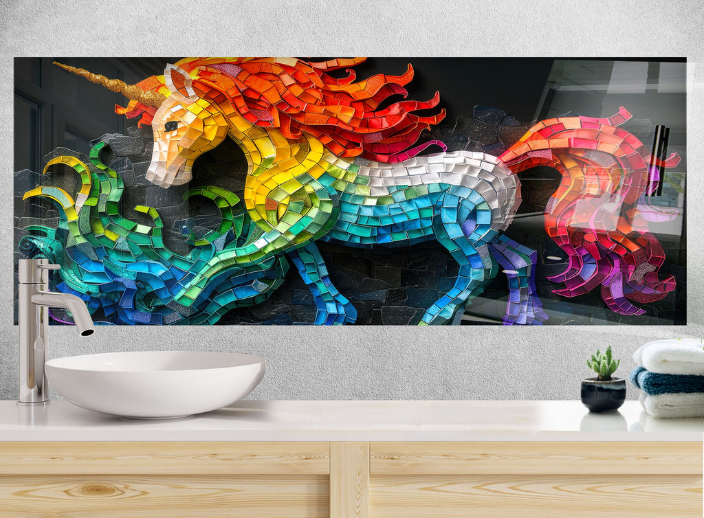 Mosaic Tempered Glass Kitchen Backsplash with Colorful Unicorn Design-BacksplashArtworks