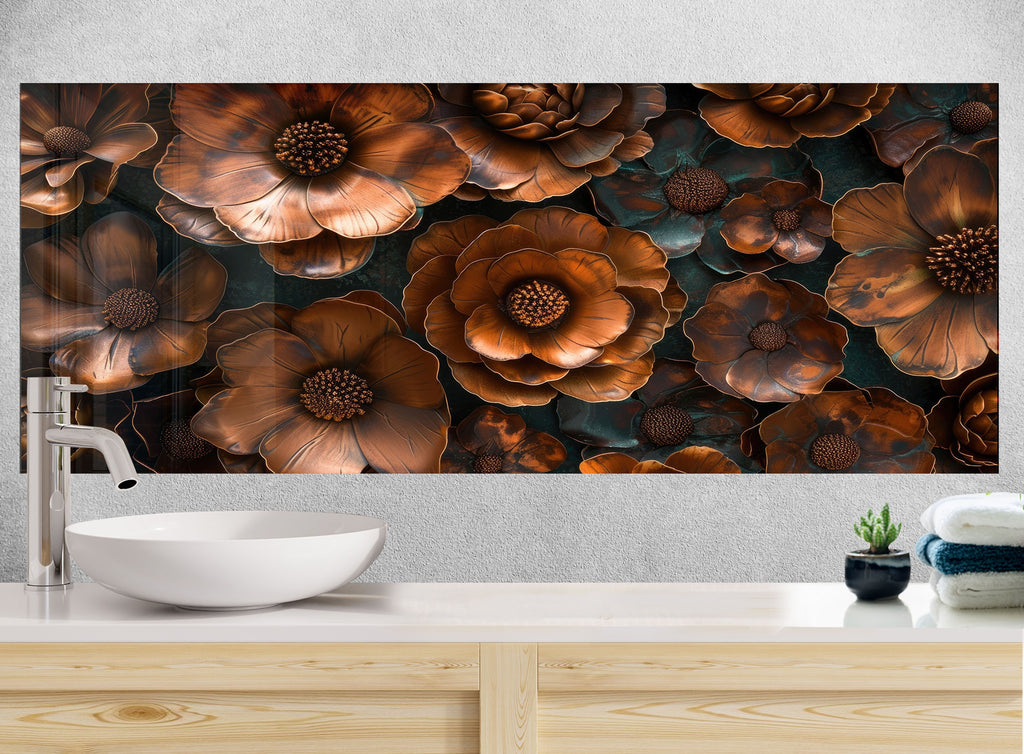 Rustic Metal Floral Art - Glass Kitchen Backsplash-BacksplashArtworks