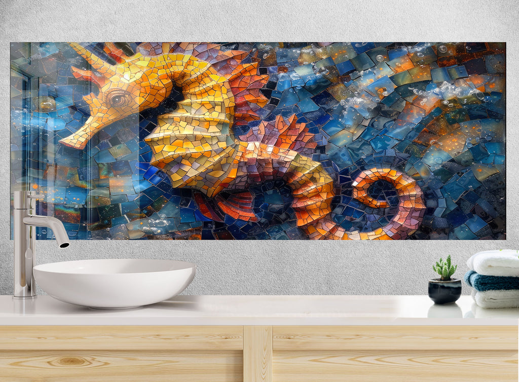 Mosaic-Inspired Tempered Glass Kitchen Backsplash with Seahorse Design-BacksplashArtworks