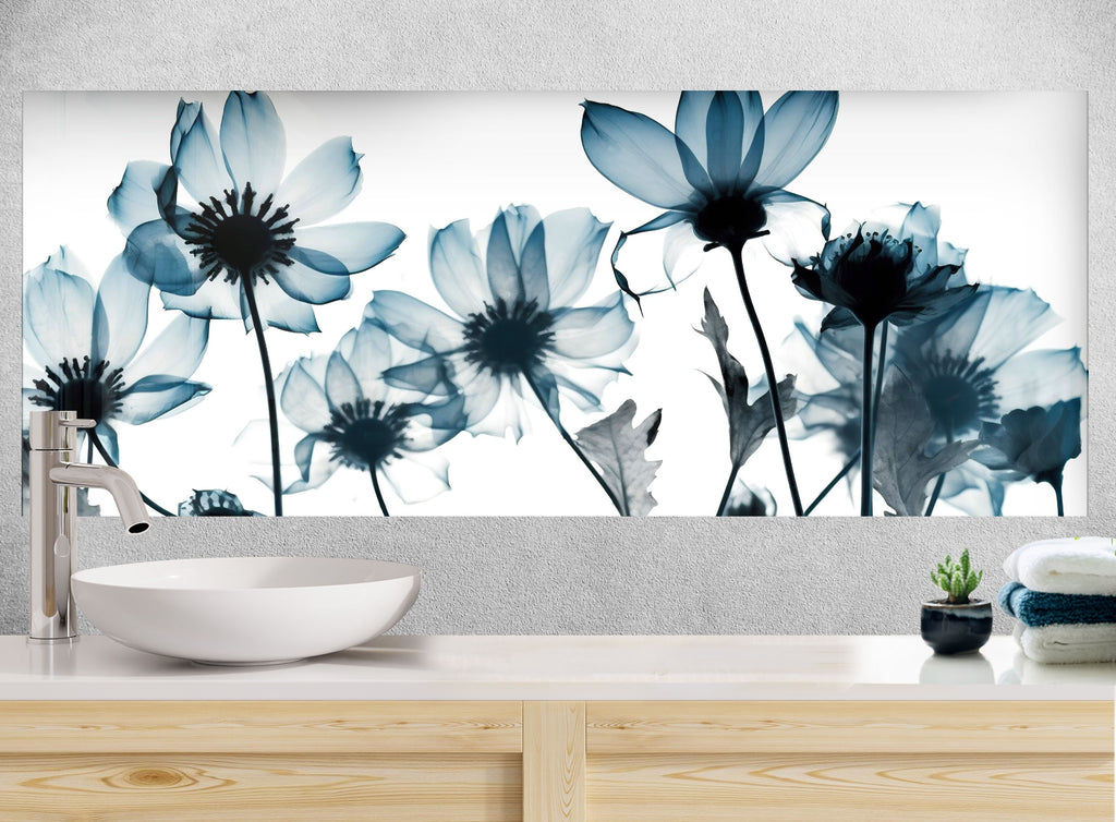 Monochrome Wildflower Elegance - Glass Kitchen Backsplash-BacksplashArtworks