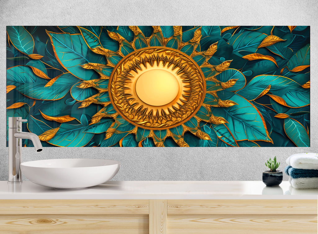 Golden Sun Mandala - Glass Kitchen Backsplash-BacksplashArtworks