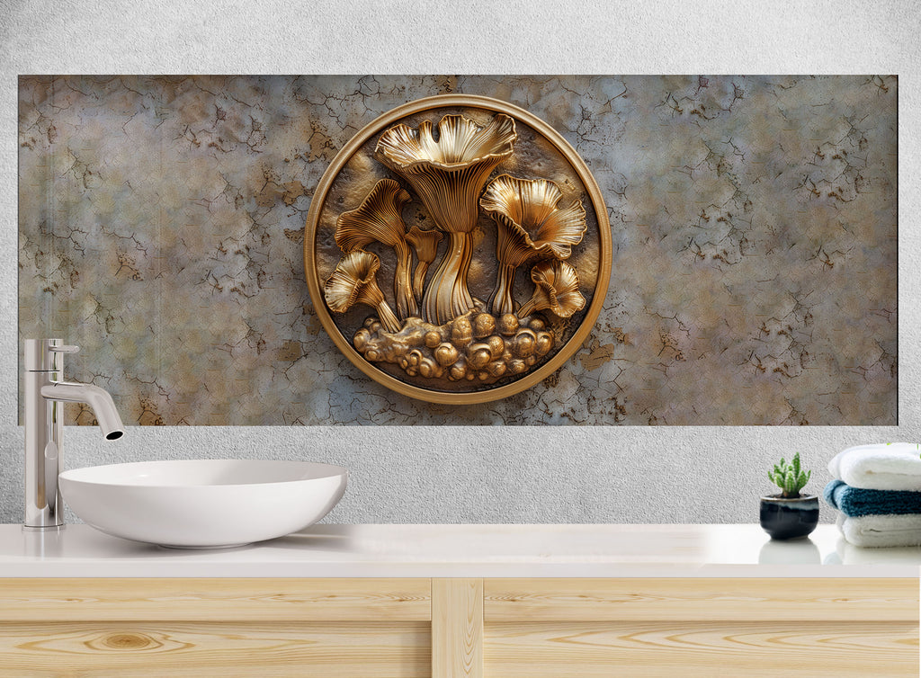 Golden Mushroom Carving - Glass Kitchen Backsplash-BacksplashArtworks