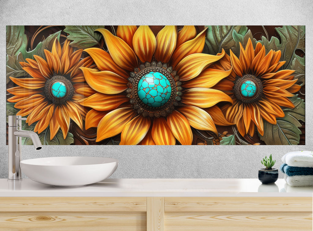 Rustic Sunflower Trio - Glass Kitchen Backsplash-BacksplashArtworks